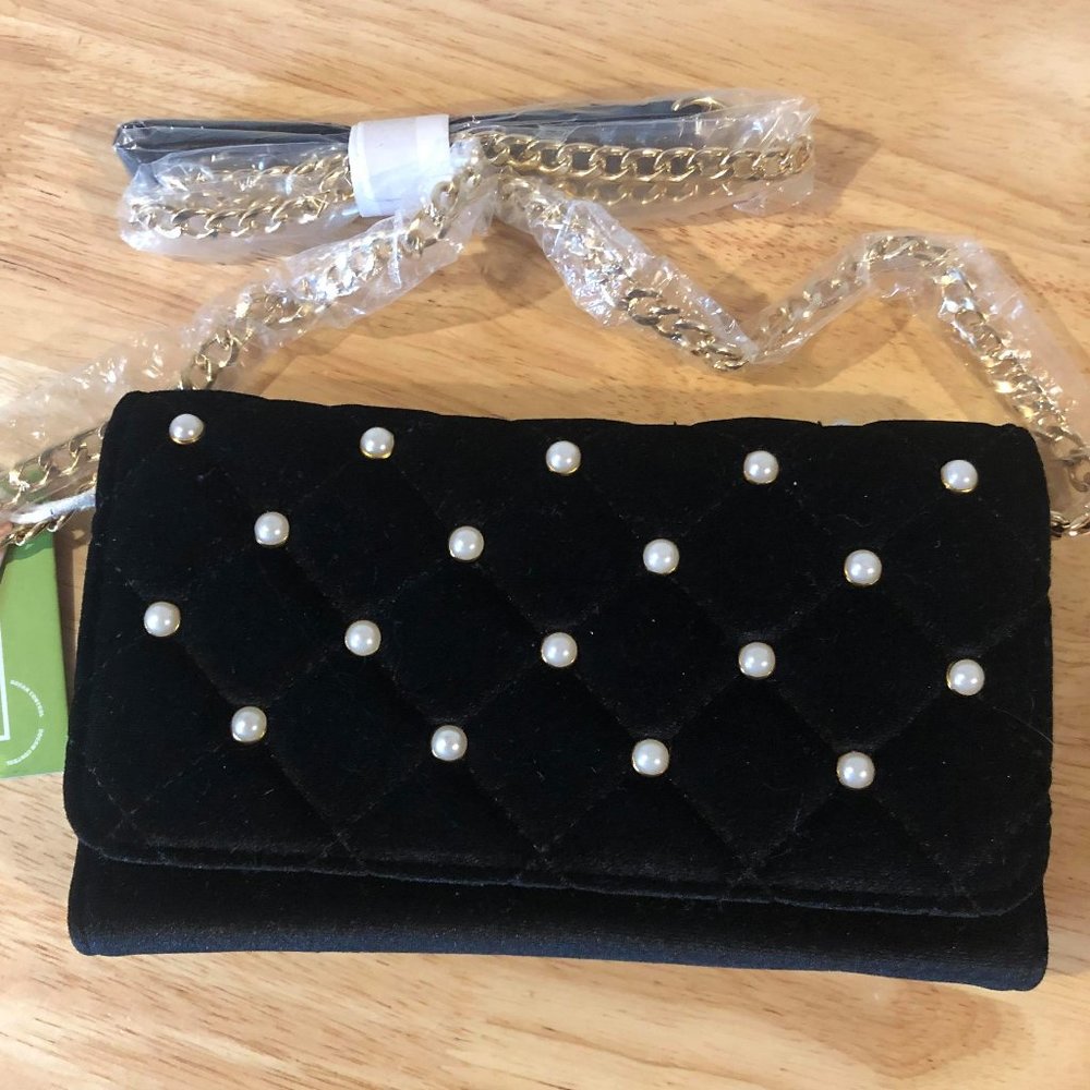 BLACK, PEARLED CROSSBODY WALLET CLUTCH
